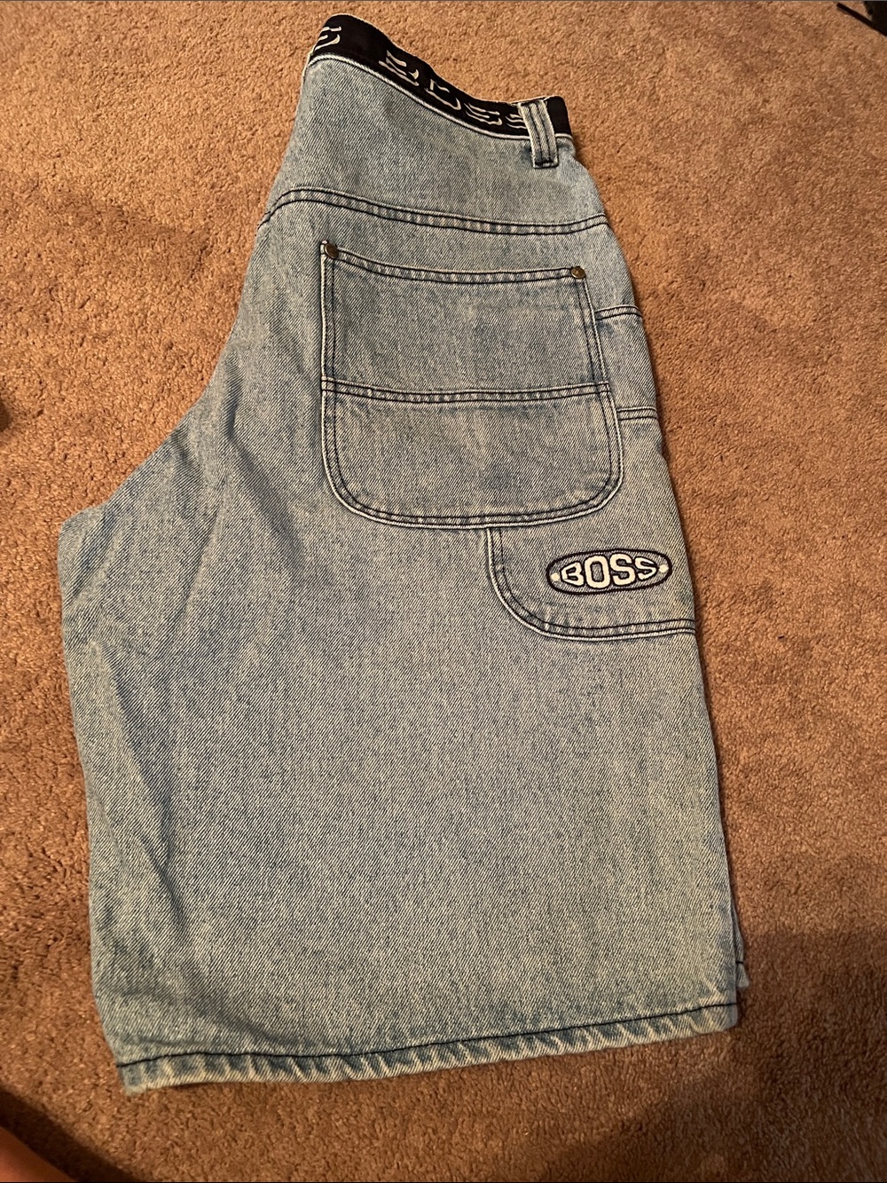 BOSS Light Blue Denim Logo Waistband Shorts